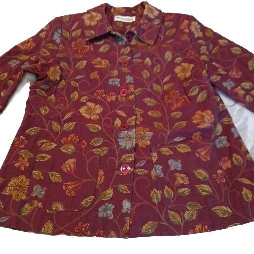 Appleseed&rsquo;s Womens Size L Burgandy Floral Tapestry Style Blazer Jacket Lined EUC