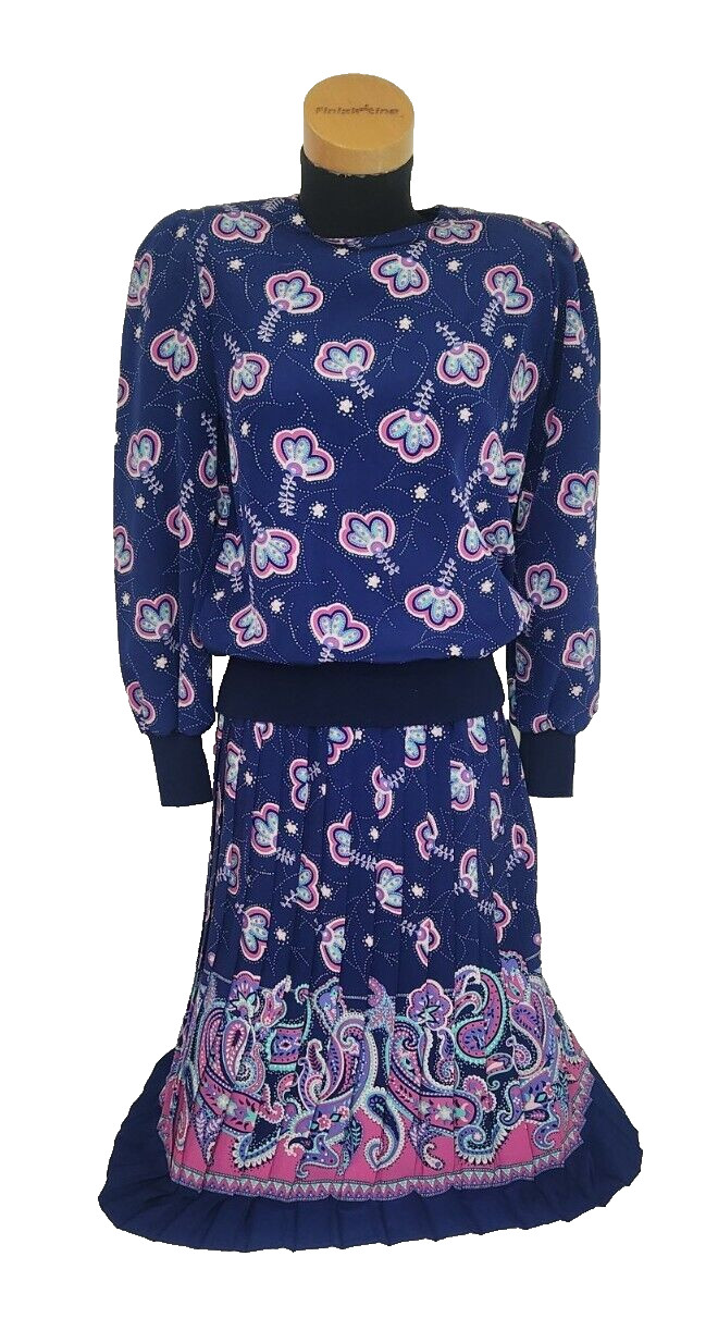 VTG 80s Navy Blue Floral Top & Midi Skirt Set Stuart Alan Petites SZ 6 Boho