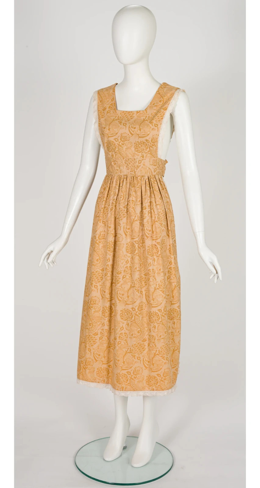 Laura Ashley 1970s Griffin Block Print Cotton Pinafore Apron Vintage Midi Dress