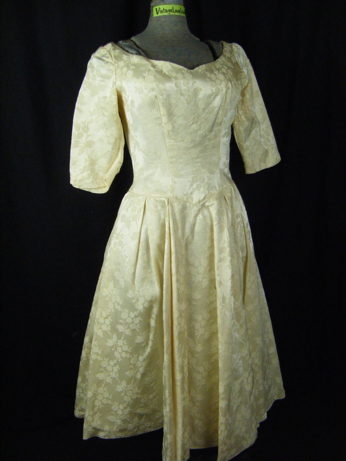 Vtg 60s Handmade Ivory Floral Brocade Full Dress-Bust 33/2XS, AS-IS