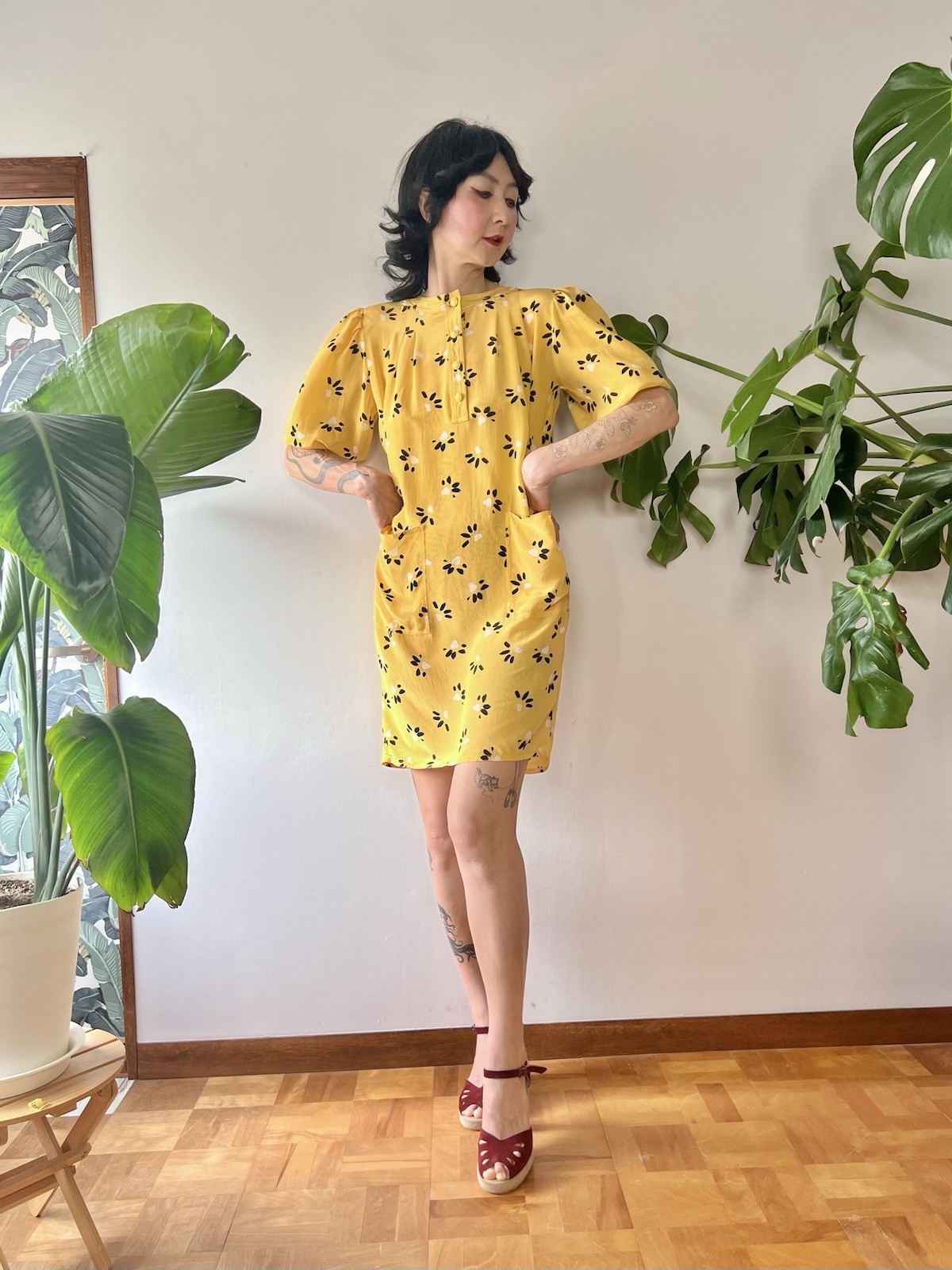 Vintage 80s Ungaro Solo Donna Italy Silk Puff Sleeve Mini Dress Yellow XS-M
