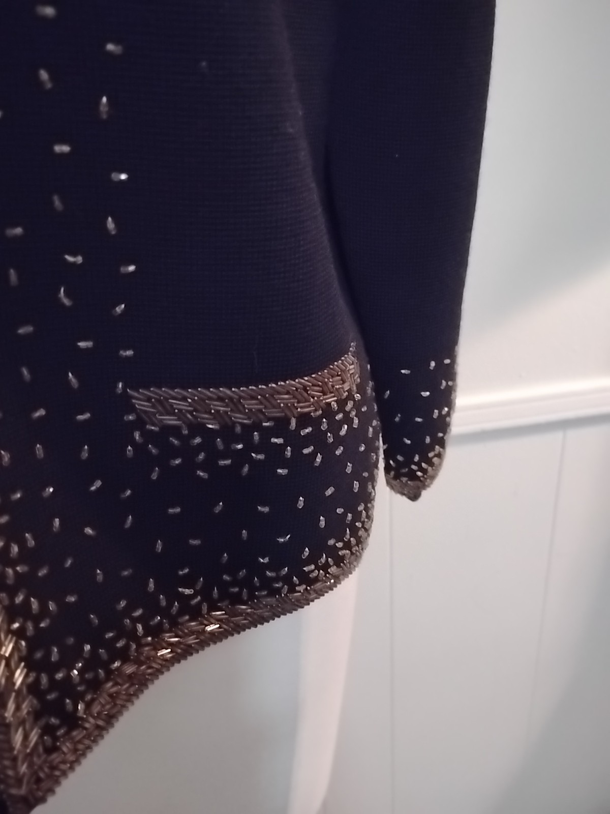 Diamonte 100% Wool Silk Lining 1950s Beaded Cardigan Sweater Black And Gold L