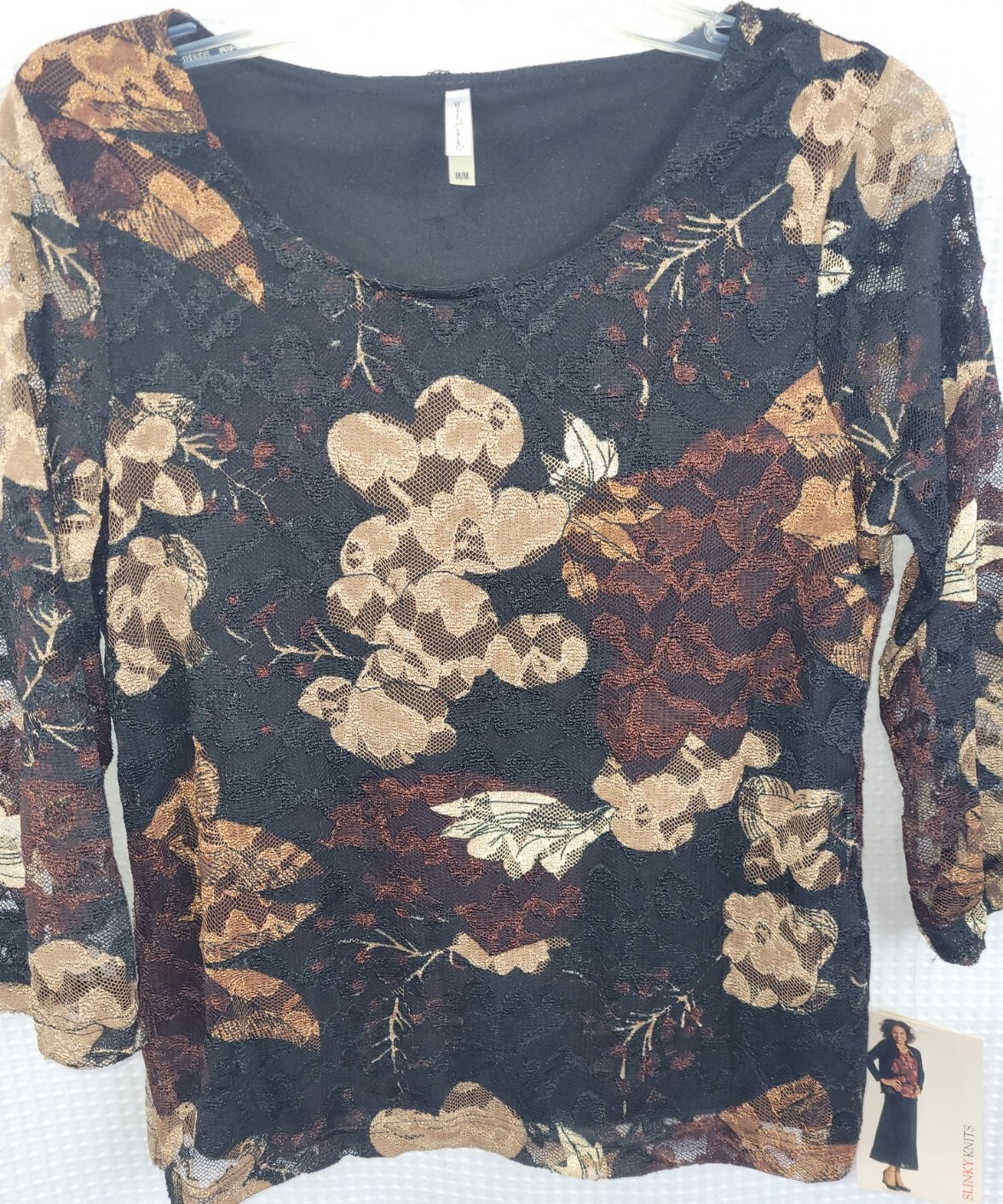 Vintage White Stag Antique Floral Lace Top w/3/4 Length Sheer Lace Sleeve Sz M