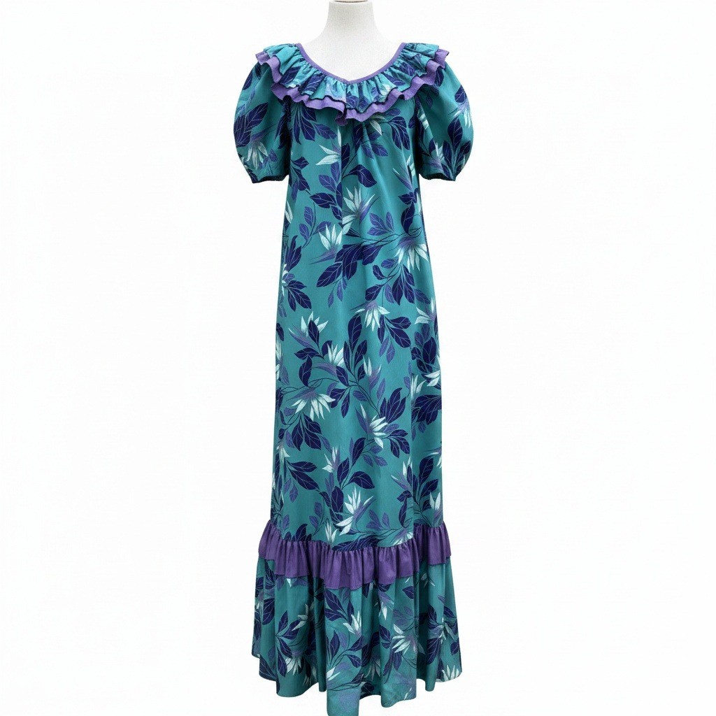 Hilo Hattie Teal Purple Floral Ruffle Muumuu Maxi Dress Made in Hawaii 676 Sze 6