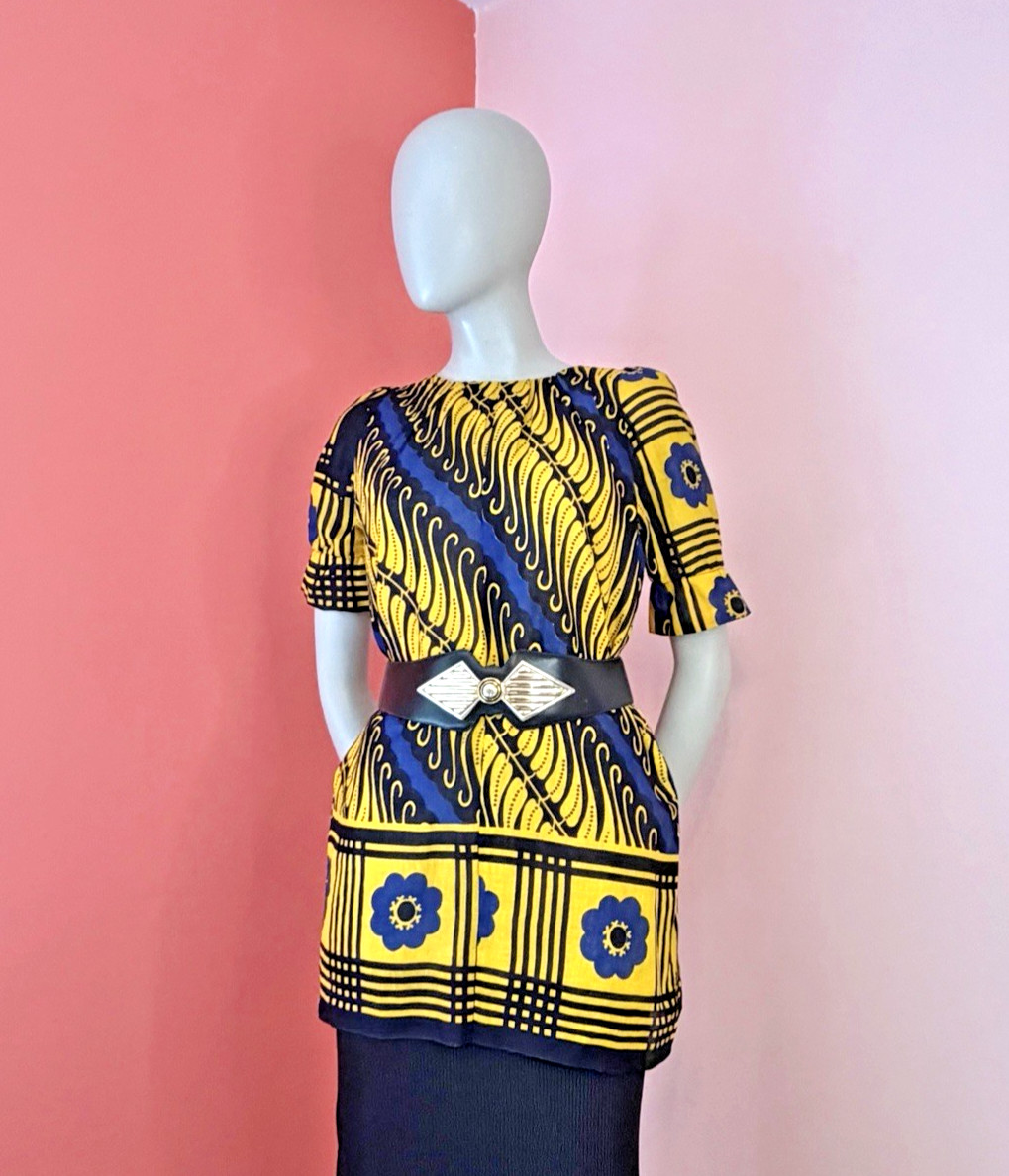 VTG 60s 70s Mod Tunic Top Blue Yellow Floral Graphic Print Flower gogo hippie L