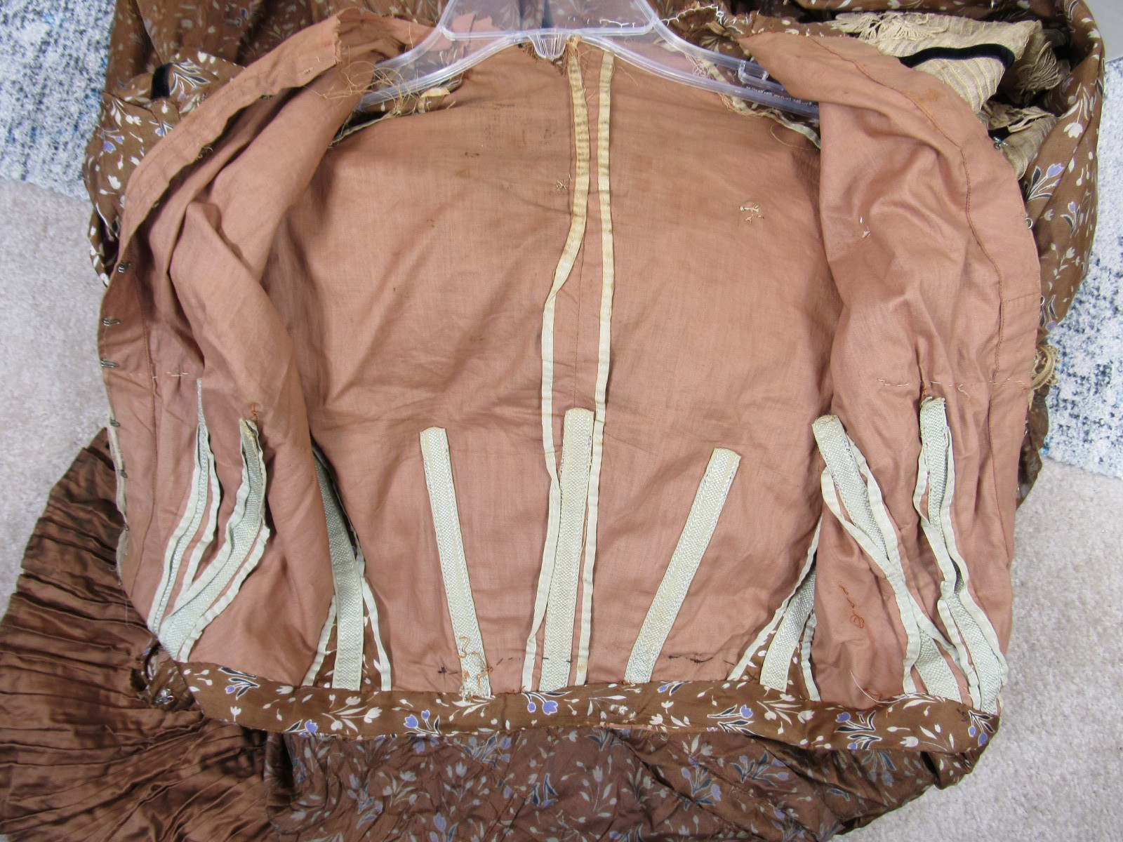 Antique Victorian 1890s Brown & Blue Silk Floral Calico Print Dress Maxi Vintage