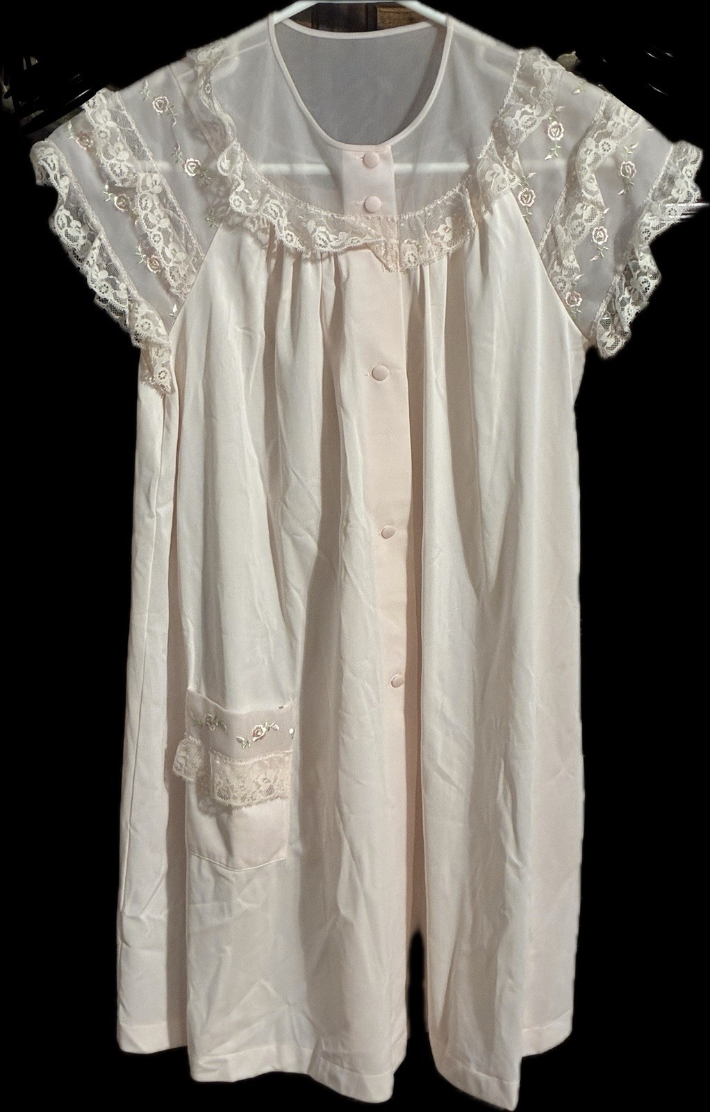 Vintage Shadowline Petites Pink Nylon Lace Button Front Nightgown Pocket
