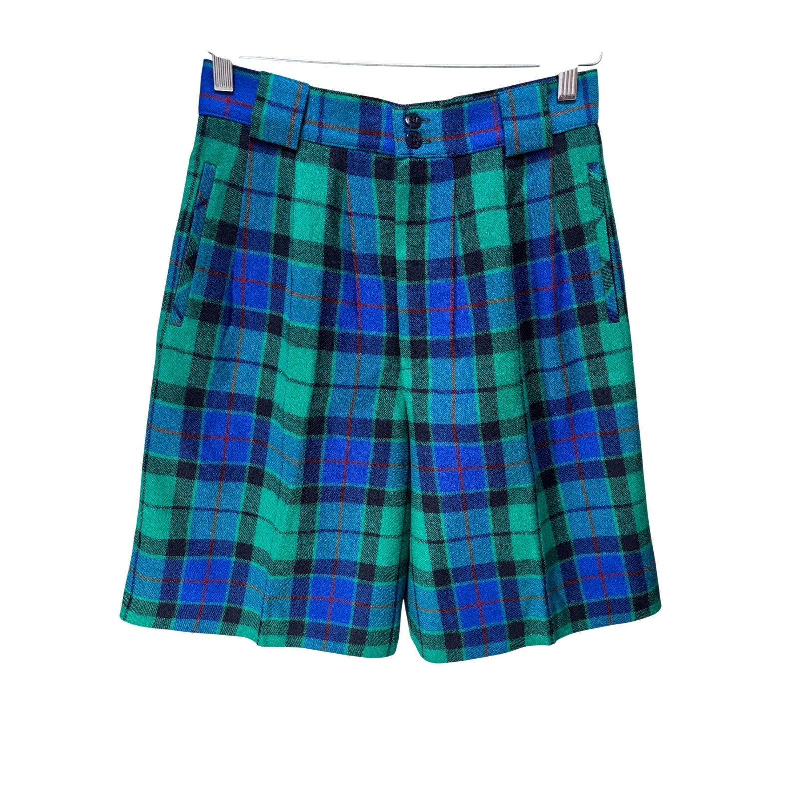 Giorgio Sant&rsquo;Angelo Shorts Women 8 Green Plaid Pure Wool Pleated 80s VTg Preppy