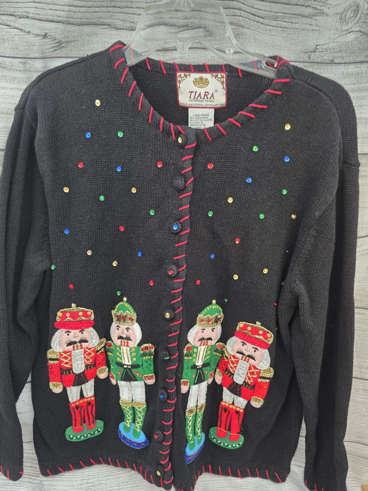 Vtg Tiara International Nutcracker Christmas Sweater Sequins Cardigan Sz LARGE
