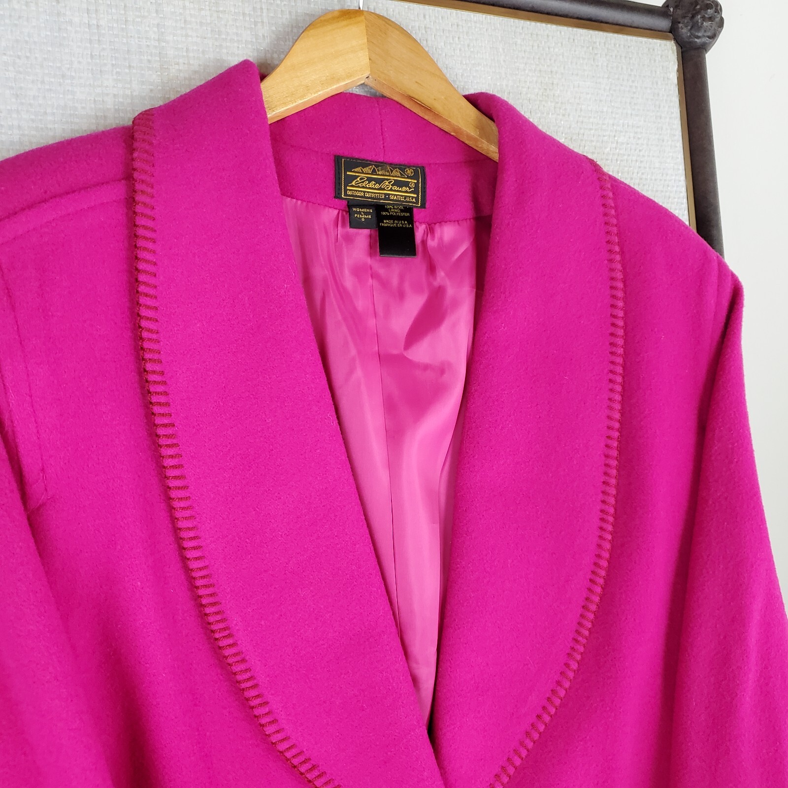 VTG EDDIE BAUER USA Size Large 100% Wool Womens Pink Shawl Barn Chore Coat