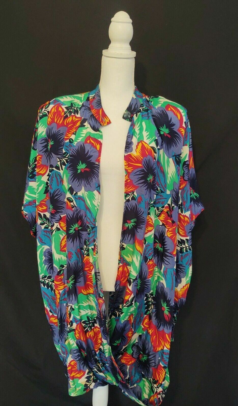 80&rsquo;s Vintage Cover Up Shirt April Rain Swim Beach Dress Rayon Tropical Floral 16
