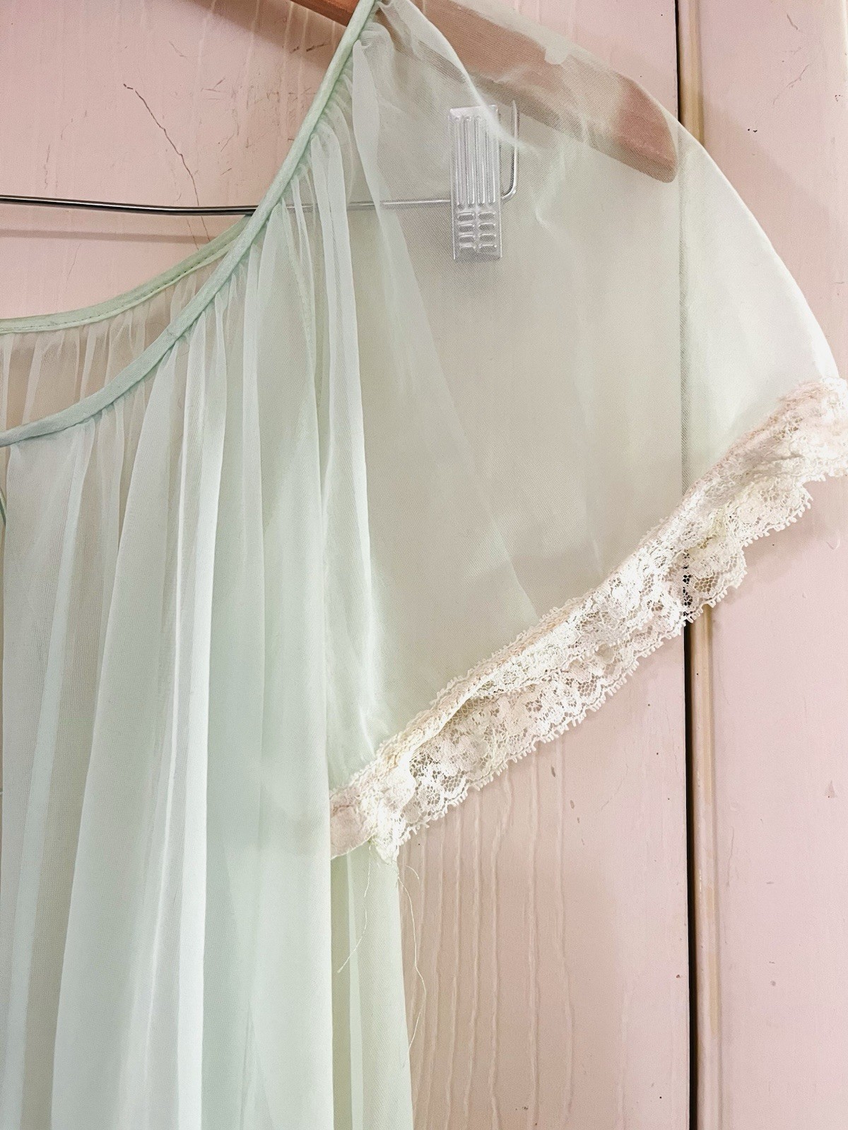 VTG 60s Mint Green Chiffon Ethereal Coquette Bridal Peignor Fairycore Maxi Gown