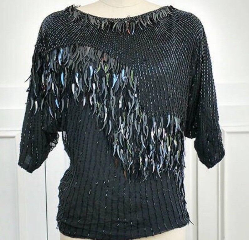 Silk Sequin Vintage Oleg Cassini Beaded Top Black Tie Medium Formal Party