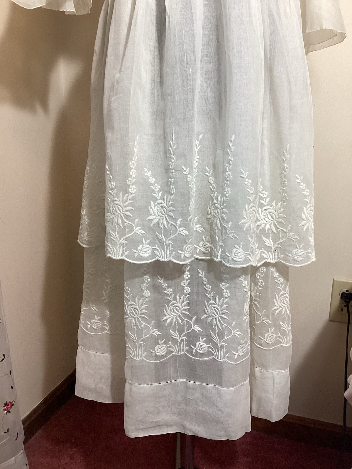 Edwardian 1910s Cotton Gauze Tea Gown Tiered Summer Dress Embroidery Mesh Ruffle
