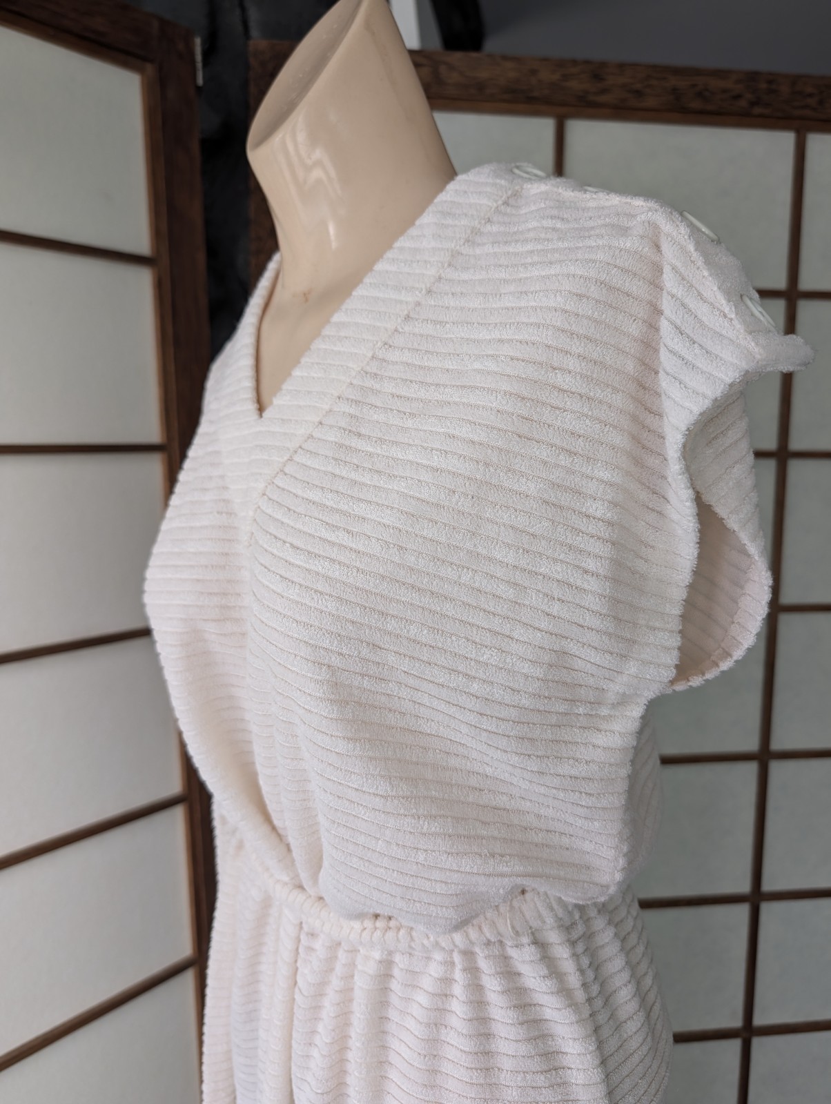 Vtg 1970s 80s Textured Terry Cloth Dress Swim Cover-up White Sz L Belted V-Neck