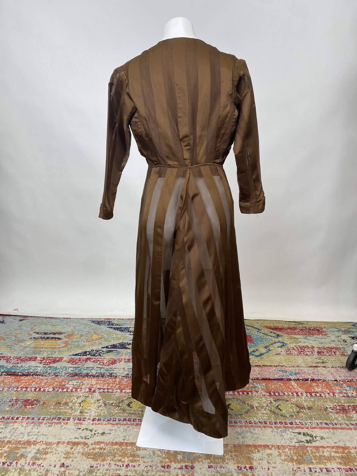 Brown Silk Net Striped Antique Victorian Walking Dress Edwardian 1900s AS IS
