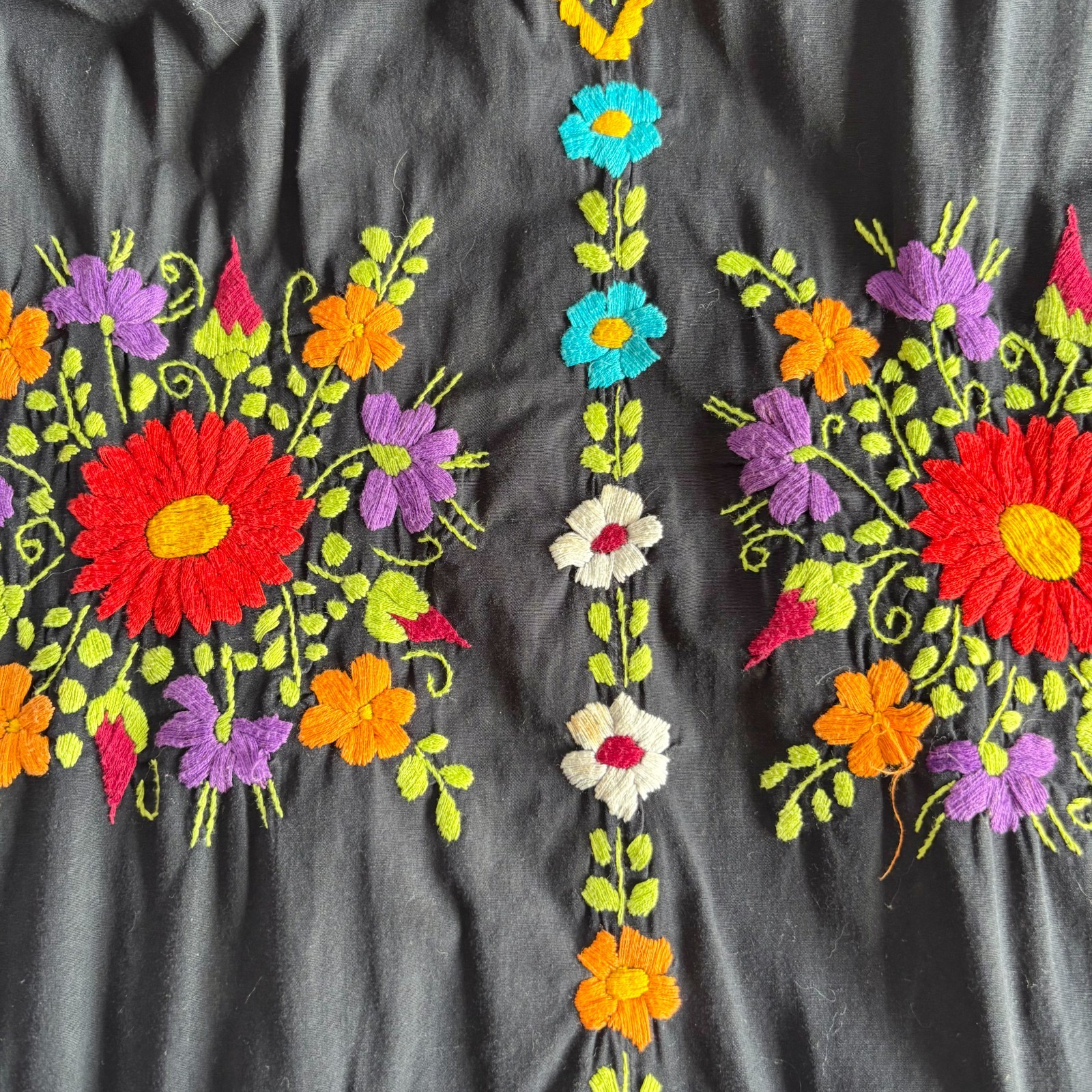 Vtg Black Cotton Colorful Floral Embroidered Mexican Oaxacan Maxi Dress Small