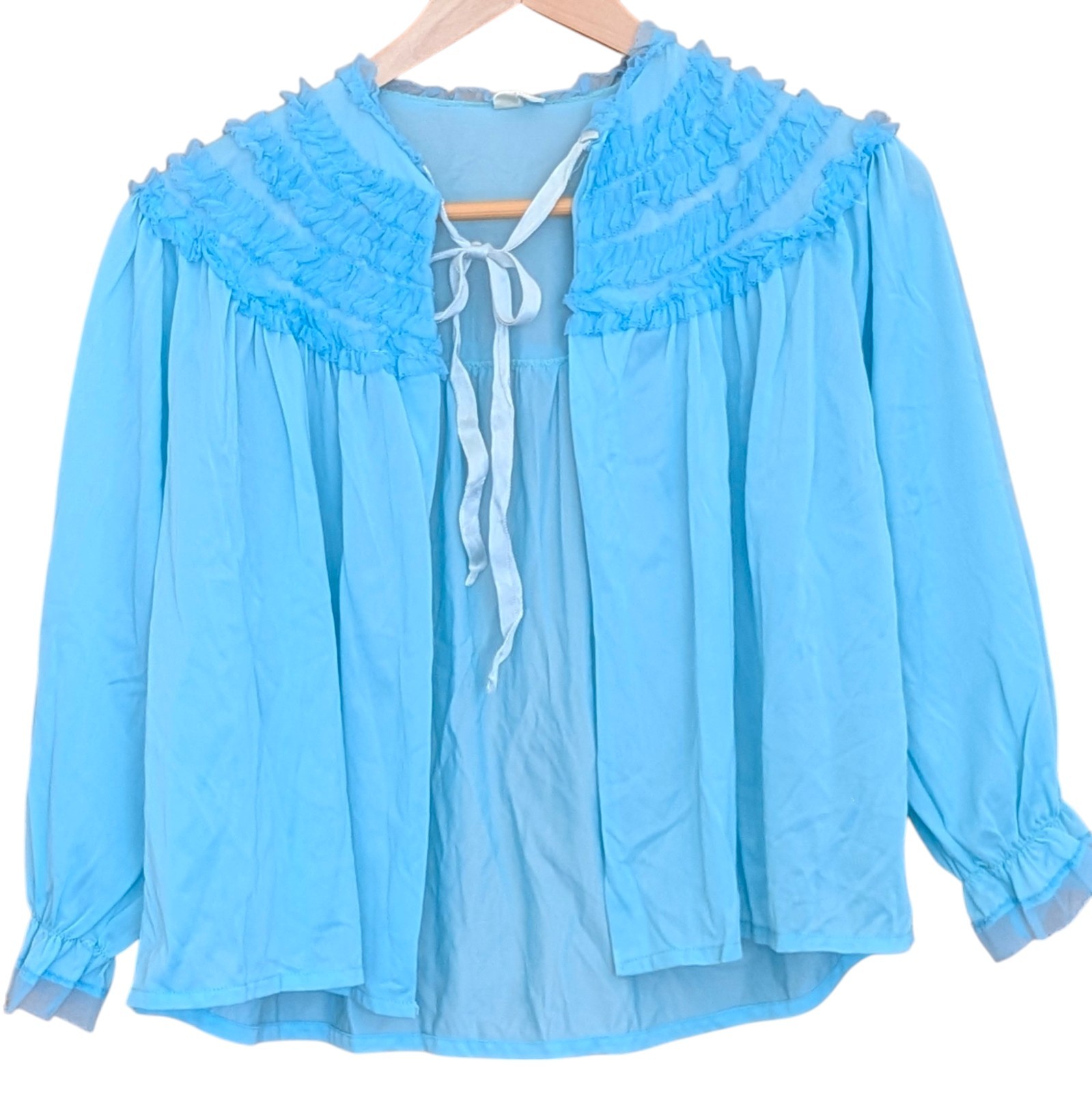 Vintage TexSheen Light Blue Ruffled Tie-Front Bed Jacket Nylon Sheer L Victorian