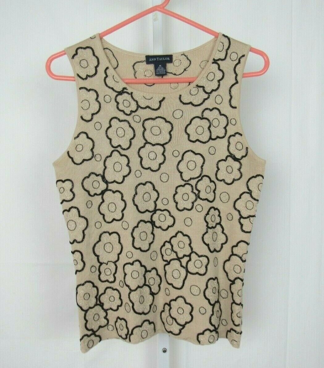 VTG 1990s 2000s MOD ANN TAYLOR SILK BEADED SLEEVELESS TOP SIZE MEDIUM TAN BLACK