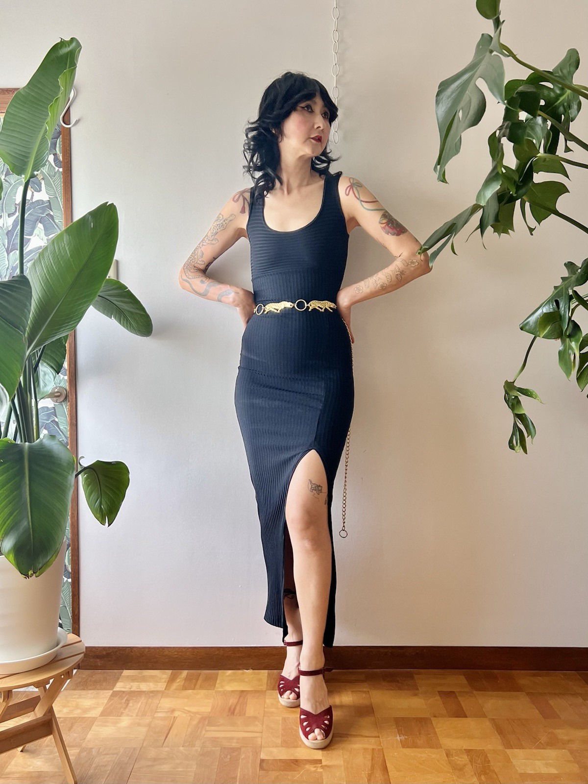 Vintage 80s Contempo Casual Black Ribbed Bodycon Maxi Dress S/M 90s Supermodel