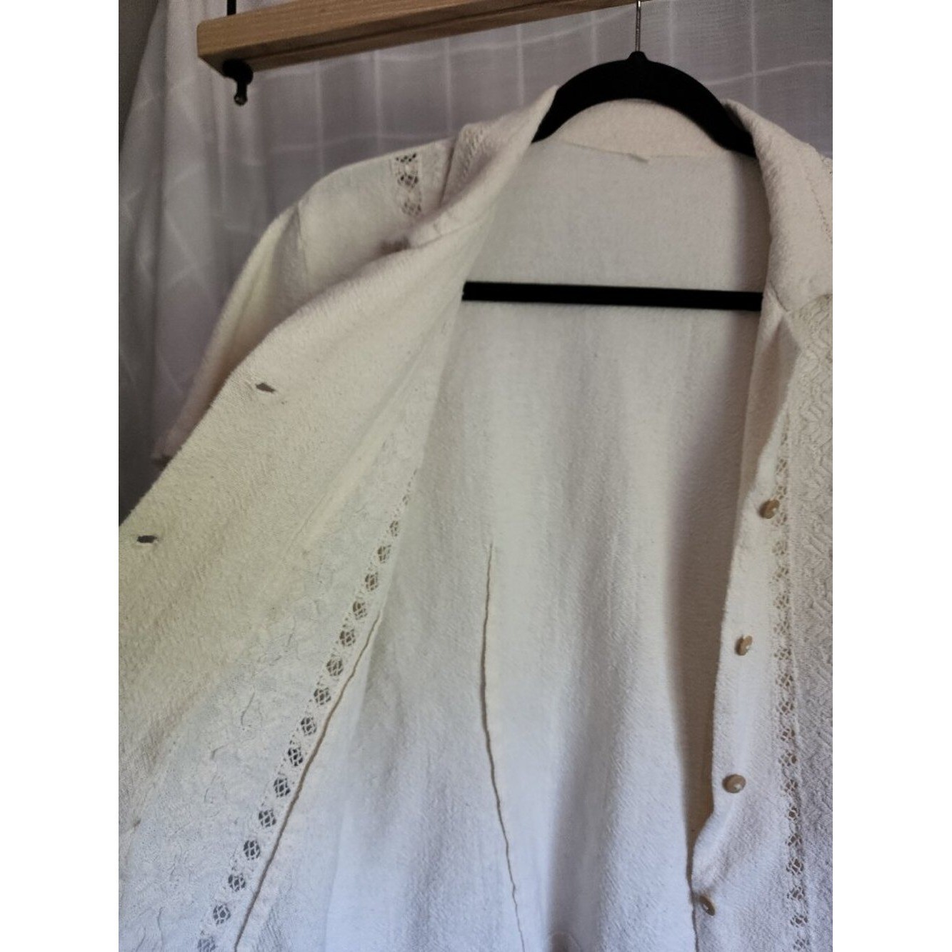 Vintage White Textured Button Front Blouse, Lace Detail, Cottagecore, Size M