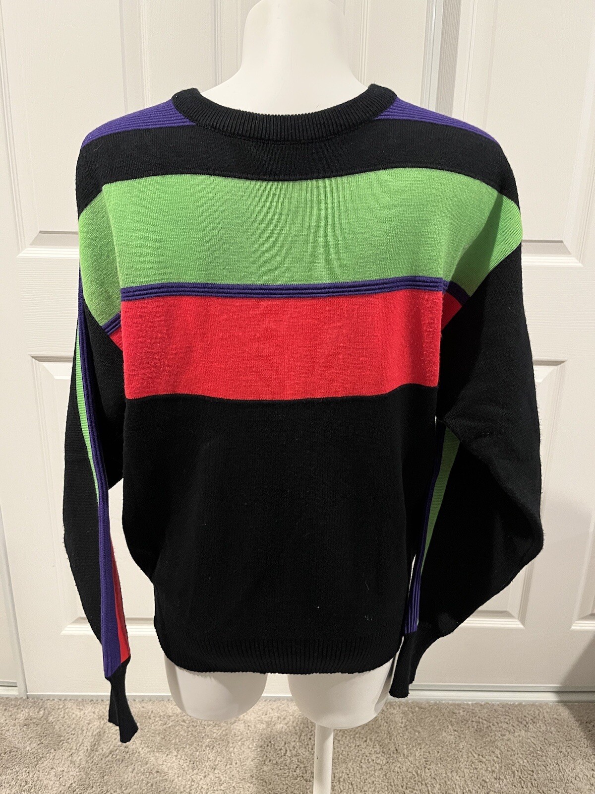 Meister Ski Sweater-Neon-Vintage-Wool Acrylic Stripes-Color Block-Medium