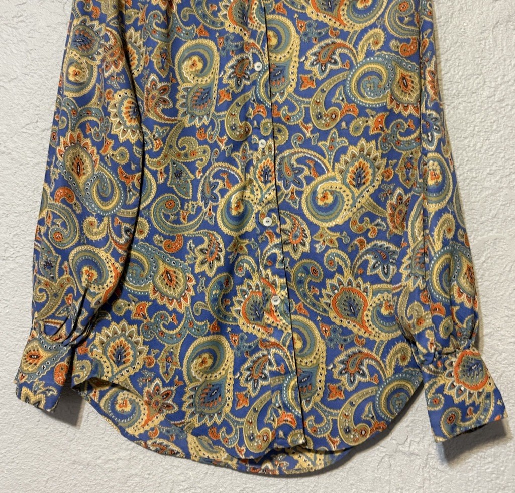 Vintage 70s Button Up Top Long Sleeve Blue Paisley Floral Women 6 Blouse EMILY M