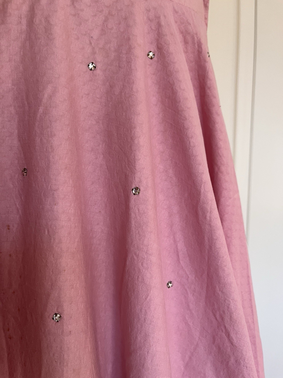 Orig 50s Pinup Dress Pink Cotton Rhinestone Swing Skirt Sun Fun California SM