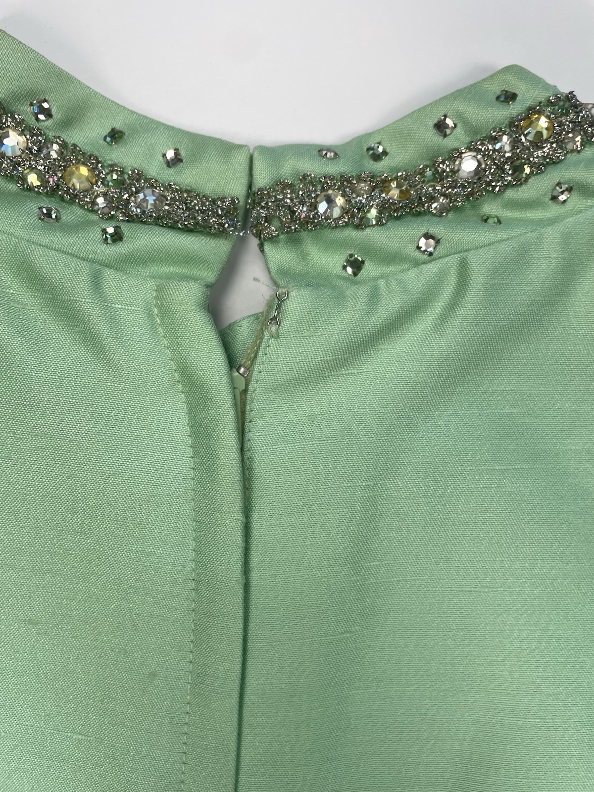 Vtg 60s Sakowitz Mint Green Dress Jacket Set Beaded Rhinestone Collar Suit Sz 12