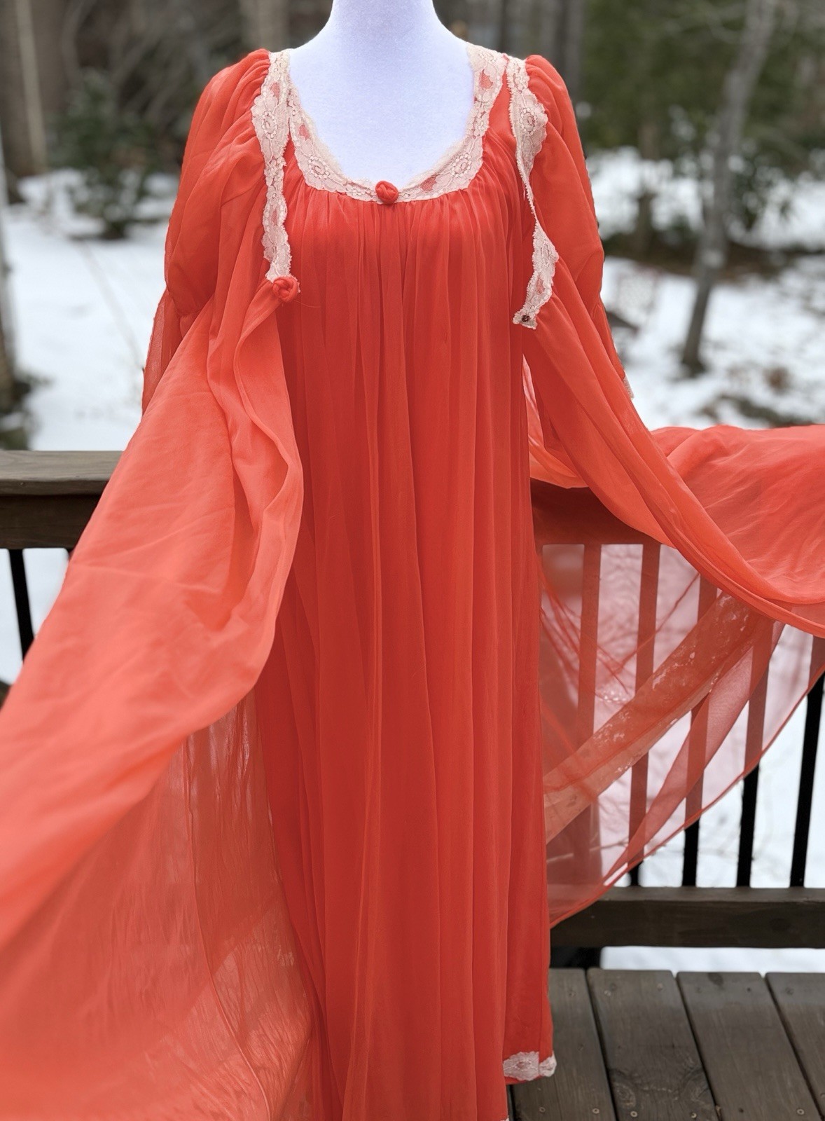 Vtg Intime Nightgown & Robe Double Chiffon Peignoir Set Flame Orange Sweep S M +