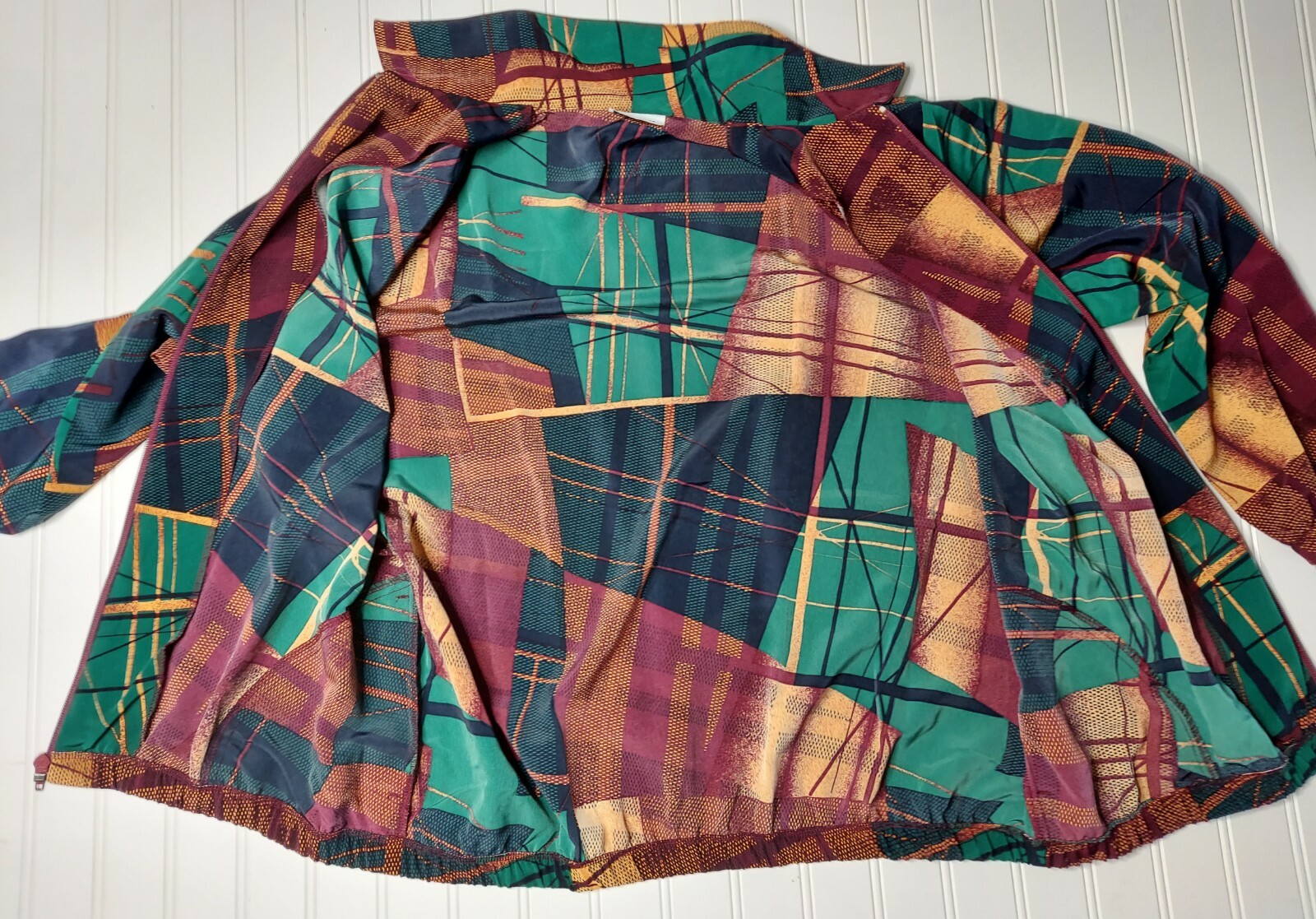 Vtg Bonworth Silky Bomber Jacket Geometric Print Multicolor Zip-Up Sz: Med/LG?