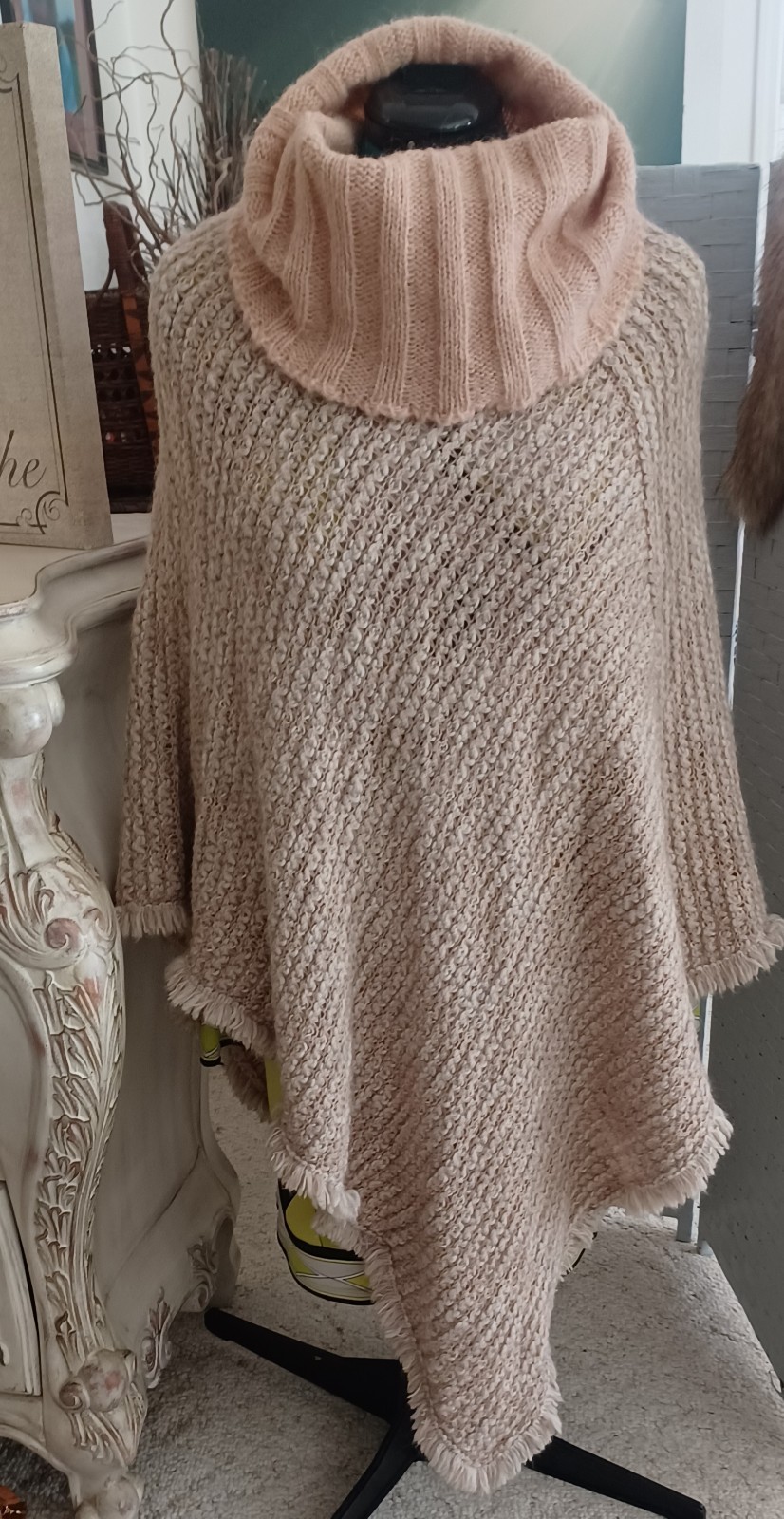 COCOGIA Italian Ivory Beige Mohair Wool Blend Shawl Cape Wrap Huge Cowl Neck OS