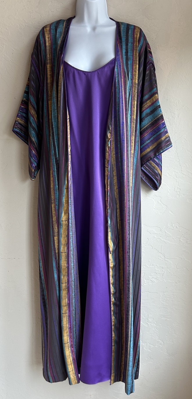 Vintage 80s Mary McFadden Kimono Robe Maxi Slip Dress Set L Metallic Boho Glam