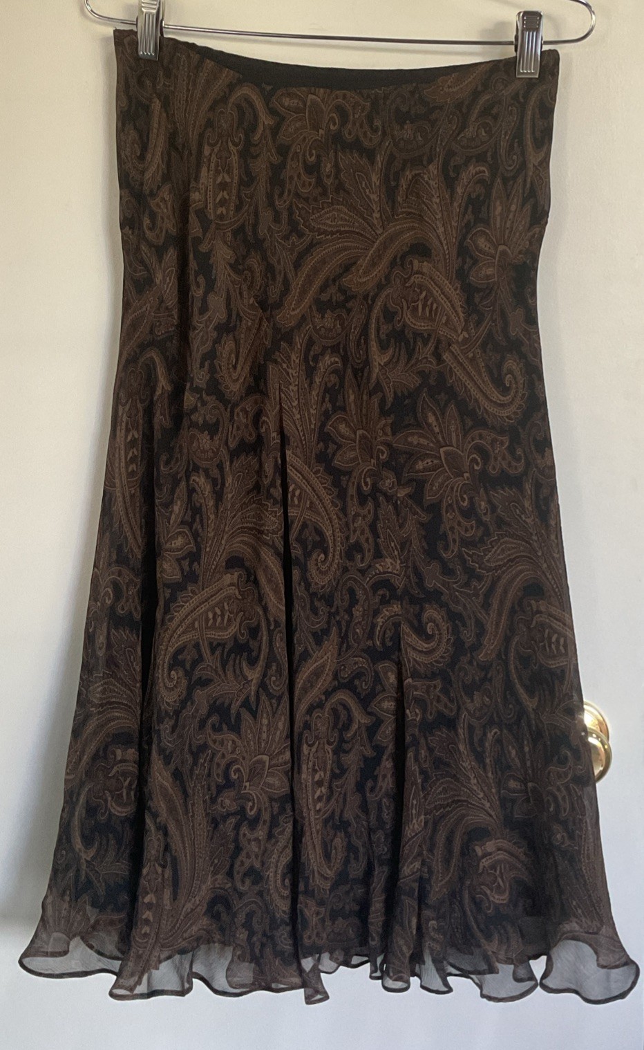 Ralph Lauren Layered Silk Brown Chiffon Paisley Flowing Midi Skirt Sz M 8 10