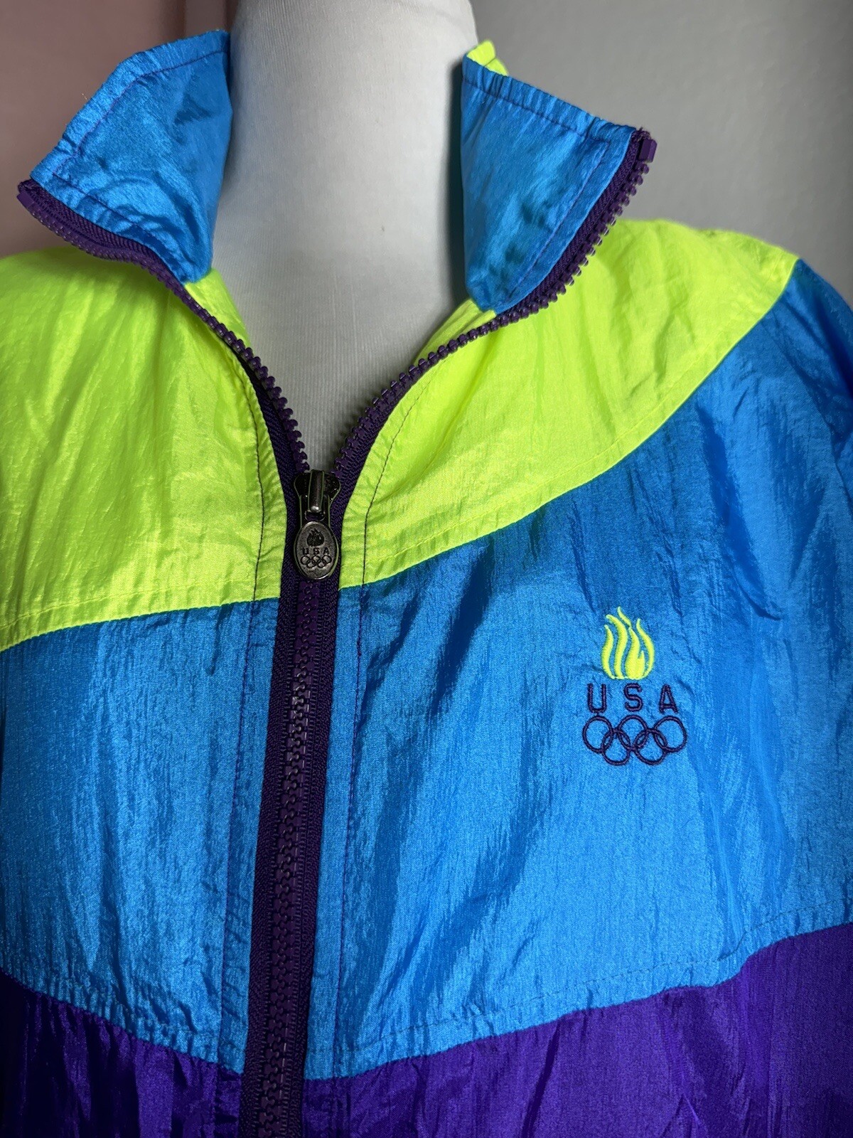 Vintage USA Olympics Neon Windbreaker Colorblock JC Penney Sz L Track Jacket