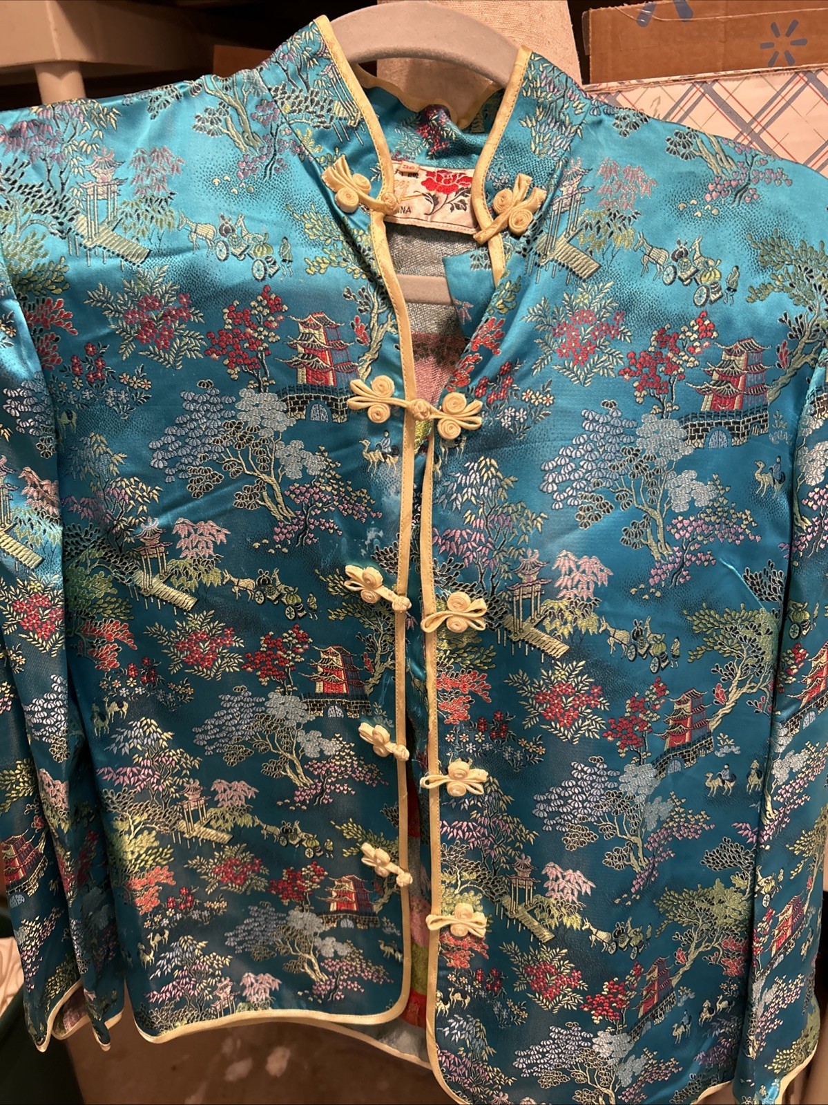 Peony Brand Silk Jacket Shanghai China Frog Closure Teal Red Cherry Blossoms