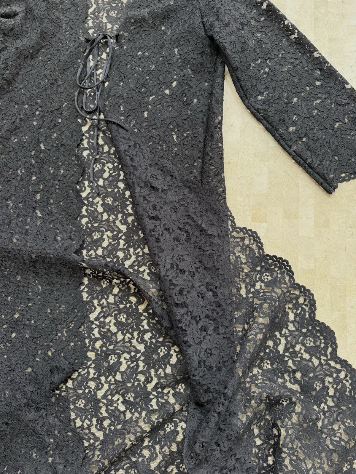 VTG Black Lace Robe Lingerie Miss Elaine Duster Union Made USA Whimsigoth S/M