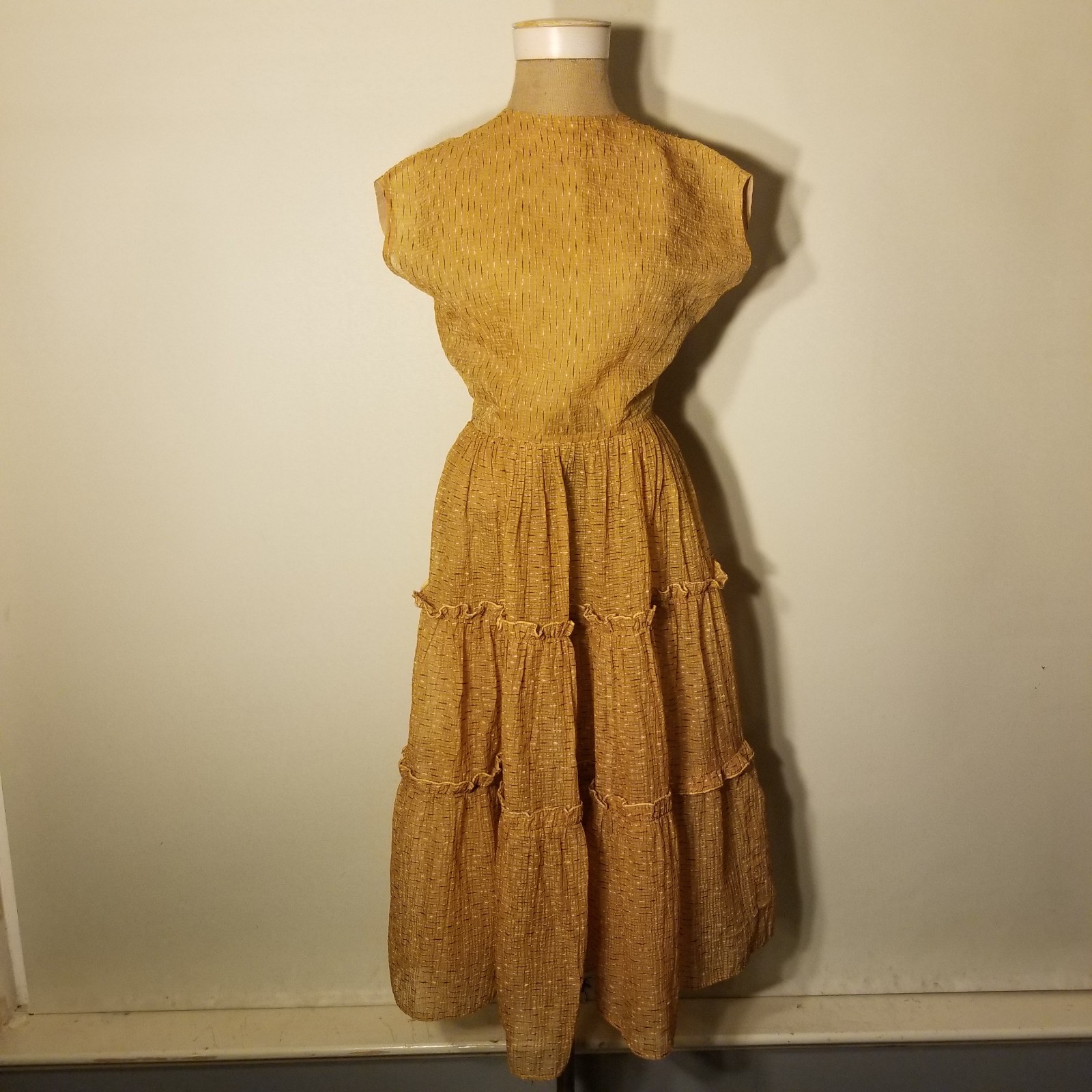 1950&rsquo;s Vintage Mustard Yellow Textured Rayon Tiered Patio Style Midi Dress Sz. 4