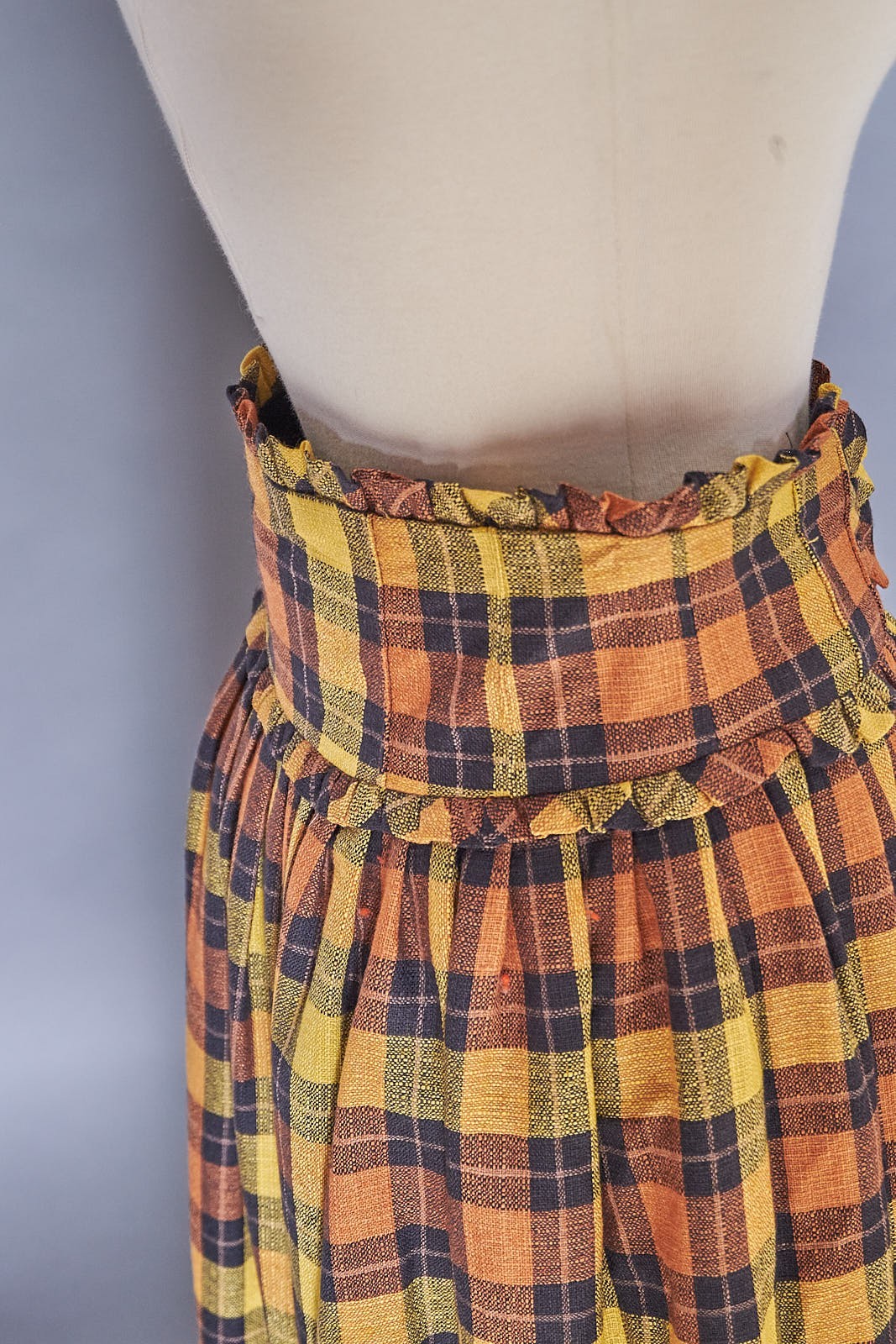 1980s Ruffle Waist Plaid Golden Button Up Skirt Long Retro