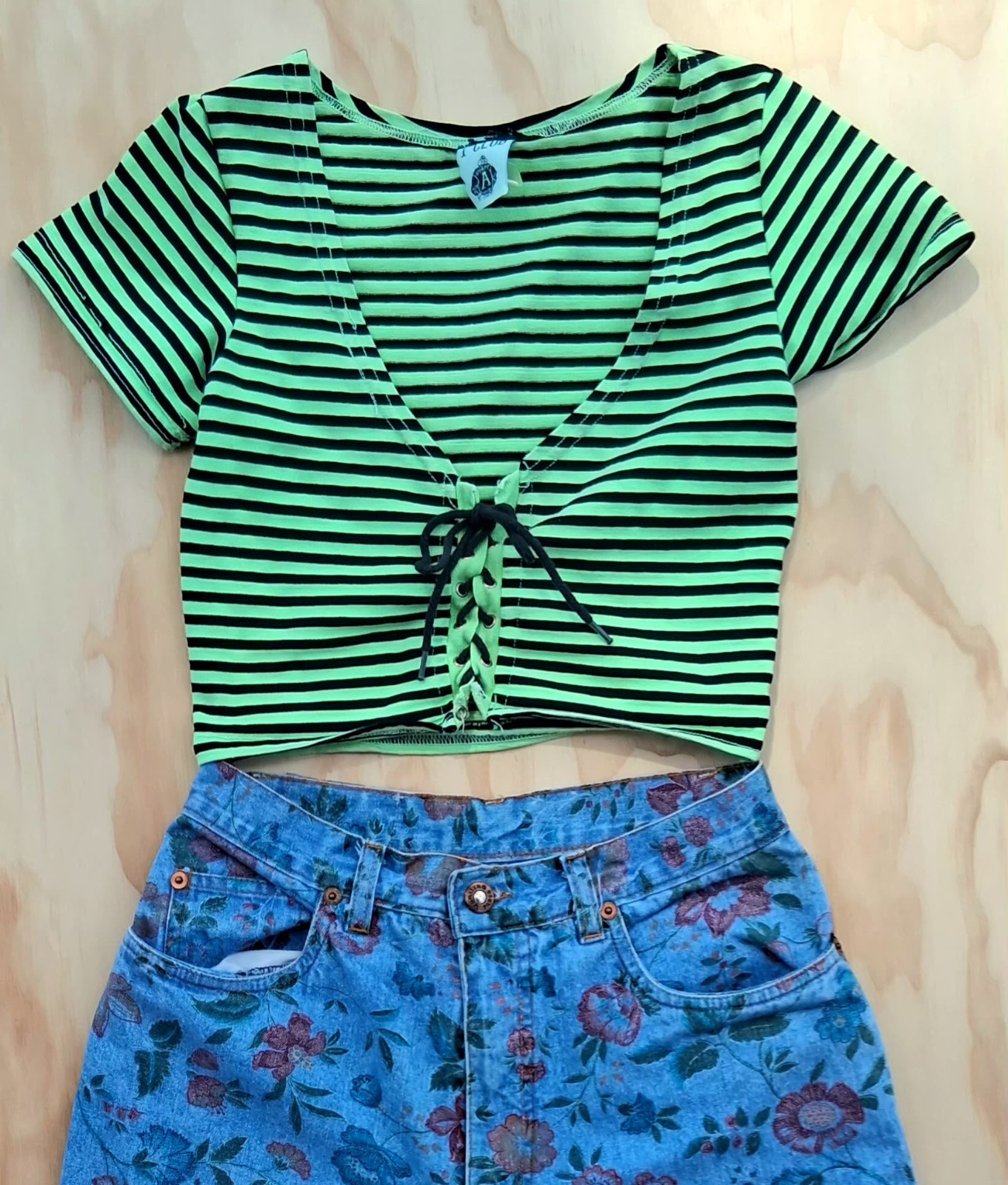 Vintage 90s Neon Lime Black Striped Lace Up Crop Top Made in USA Club Kid