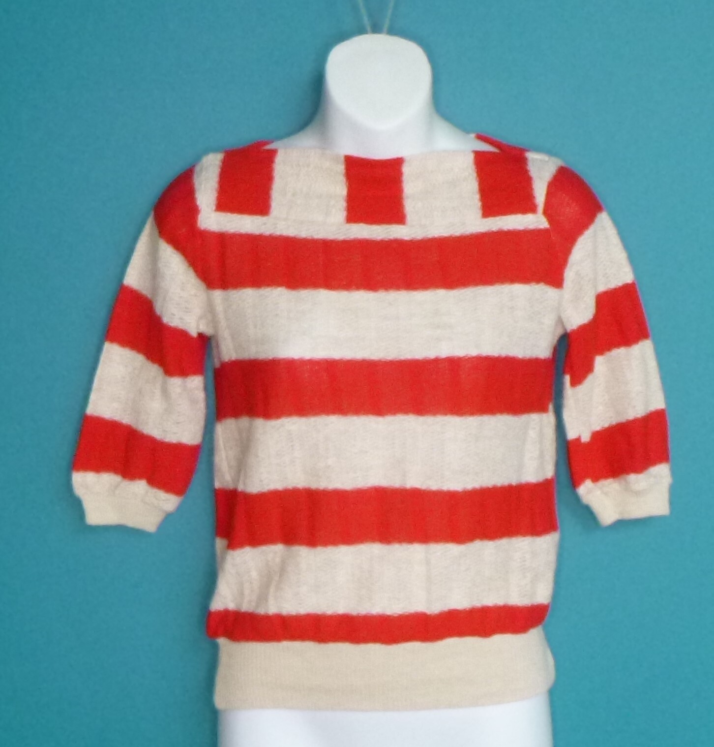 Vtg 70s Peppermint Casuals Loose Textured Knit Top Red Oatmeal Color Sz S/M