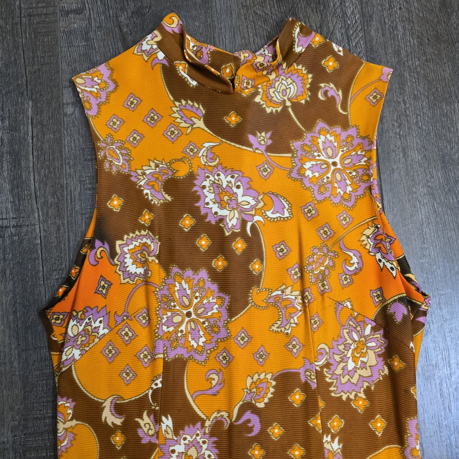 Vintage 60s 70s Maxi Dress Size 11 Orange Brown Floral Hippy Psychedelic Acetate