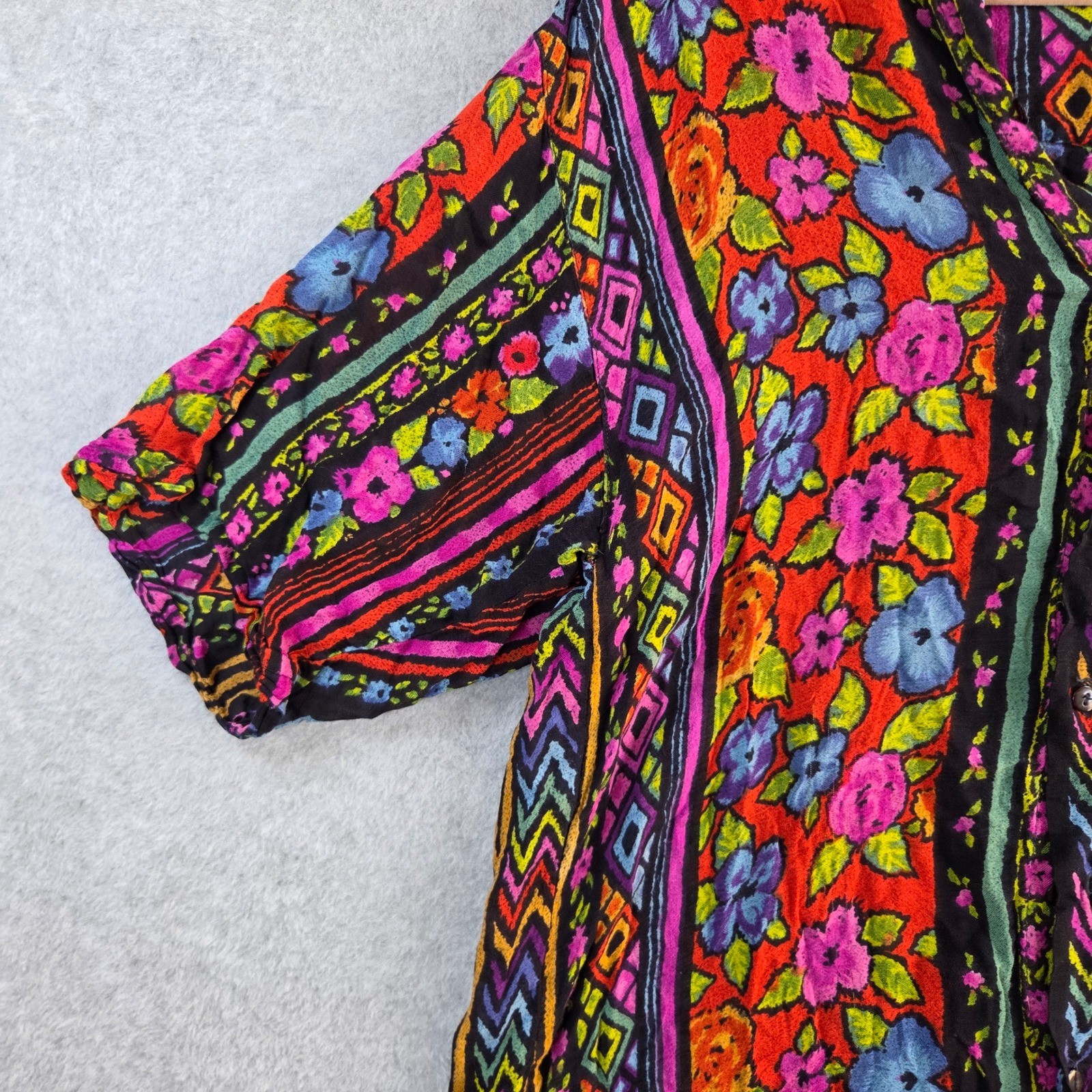 Vintage Rayon Button Down Shirt Womens Medium Multicolor Floral Geometric Nepal