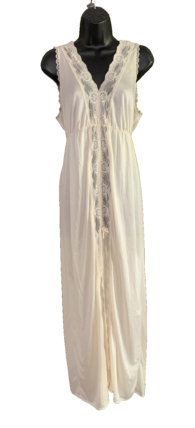 Vtg Nylon Lace Nightgown Long Cream Front Slit Plunge Goddess Greta Gehr Sz L