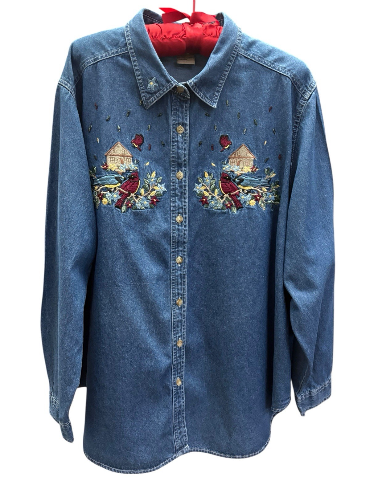 Vintage Just My Size 100% Cotton Denim Blouse 26W/28W Birds Flowers Cottagecore