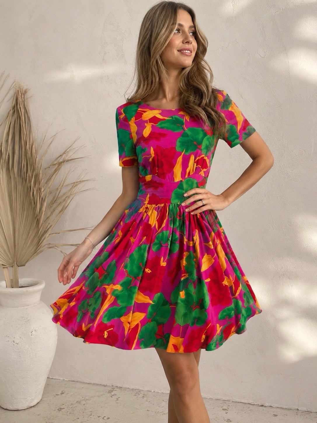 Vintage Scaasi 80s Silk Tropical Floral Dress Pink Fit & Flare Resort Cocktail 6