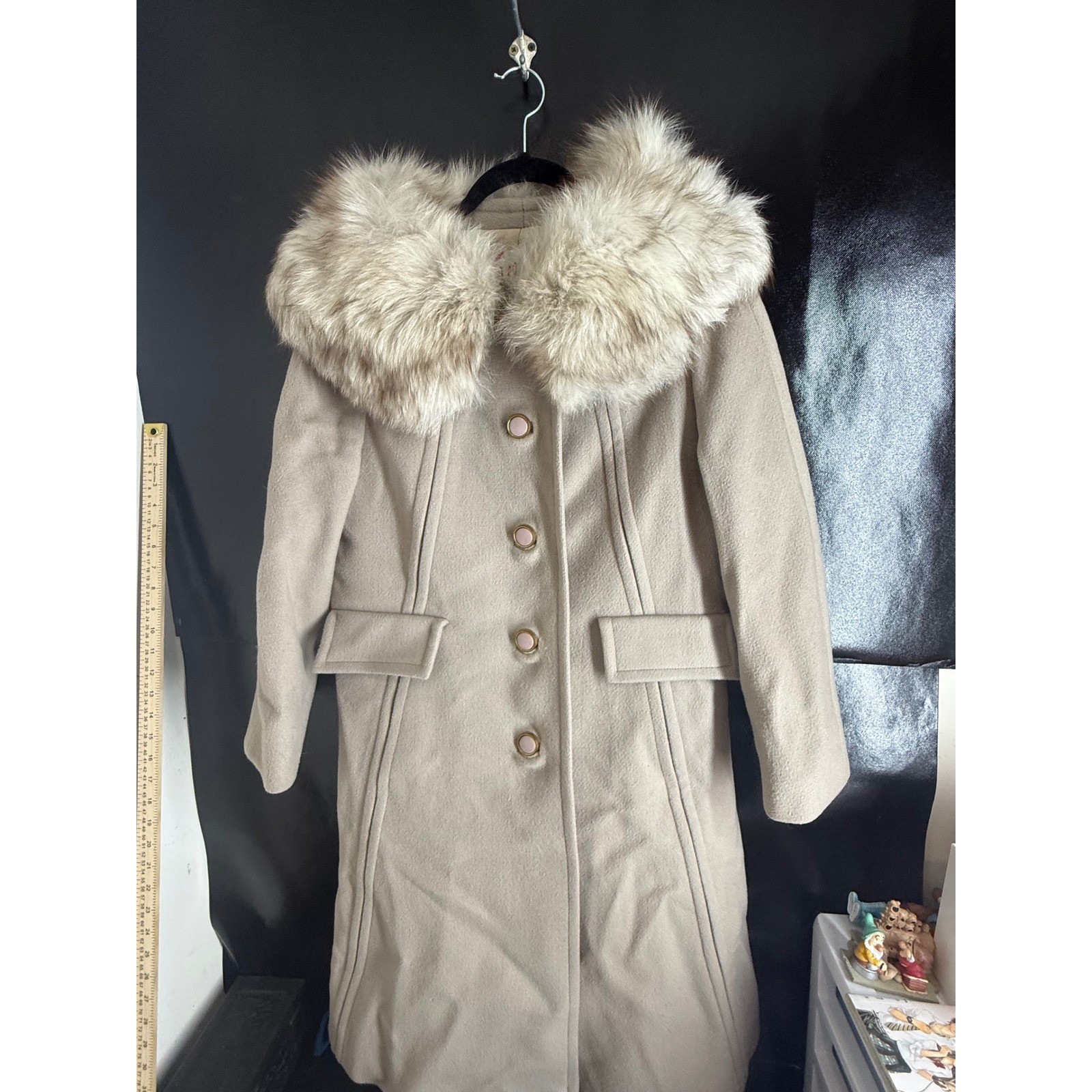 Vintage Wellesley Stevens Forstmann Wool Coat Faux Fur Collar Beige Long Jacket