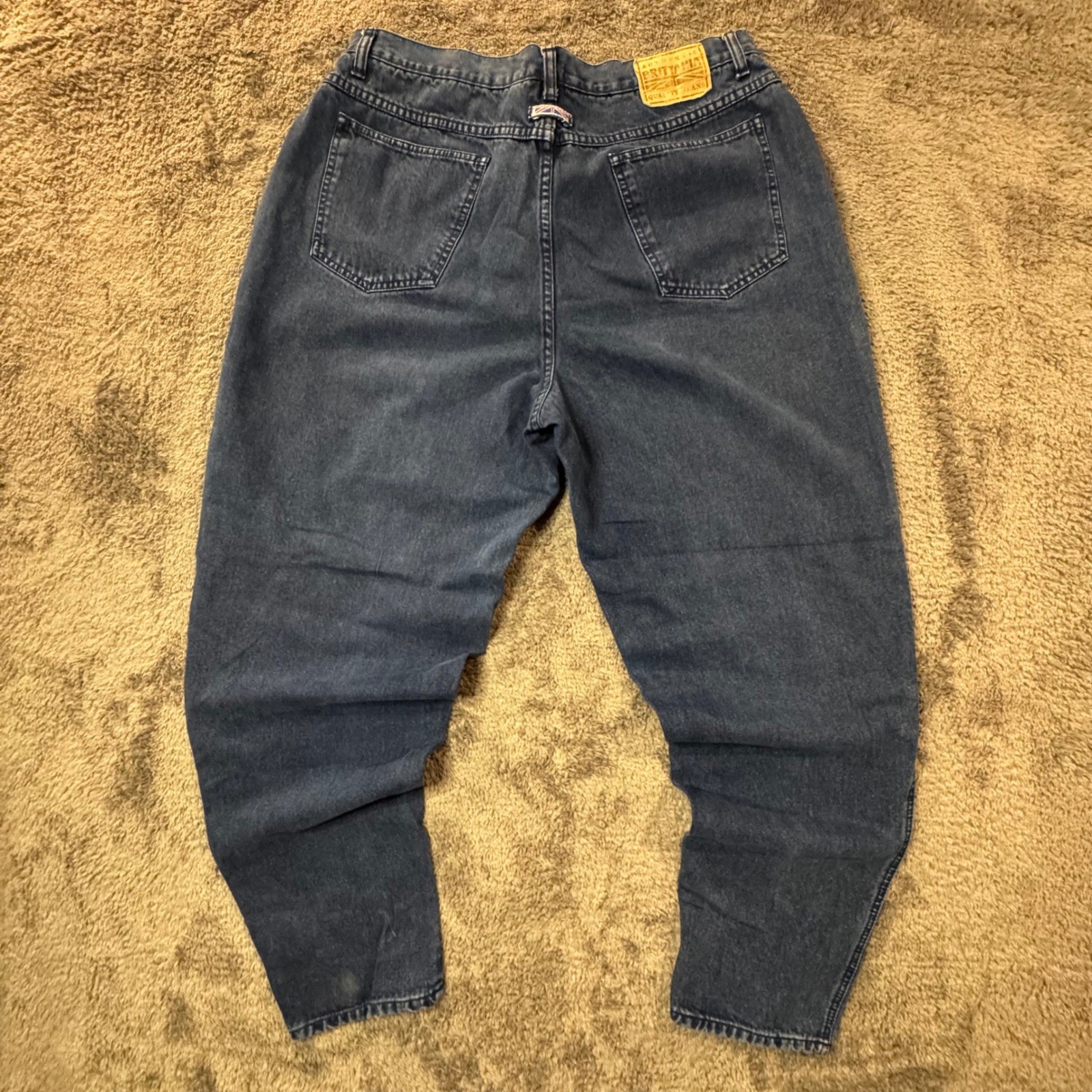 Vintage Brittania High Waisted Pleated Tapered Denim Jeans Dark Wash Blue 34×30