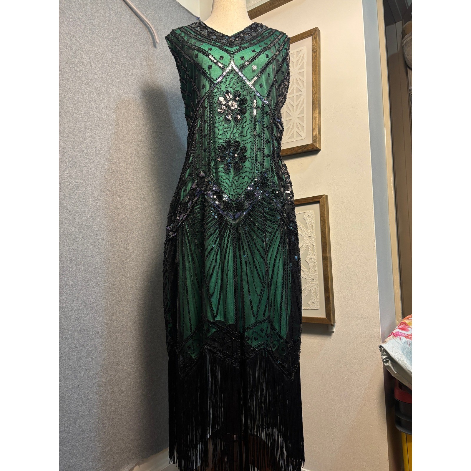 BABEYOND Green Black Sequin Fringe Flapper Dress Gatsby Art Deco 1920s NWT 2XL