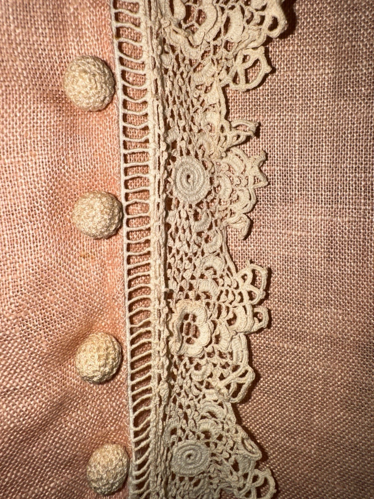 Vtg Antique Peach LINEN + LACE Button-Up Blouse MINI DRESS Robe 29&Prime; Victorian